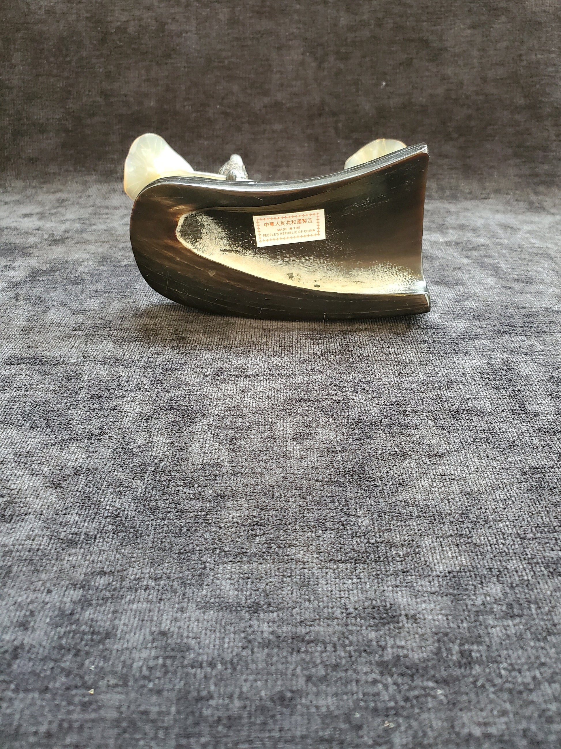 Carved Horn Chinese Bird and Lily Pad Sculpture Rare Peoples Republic of China Paper Label
