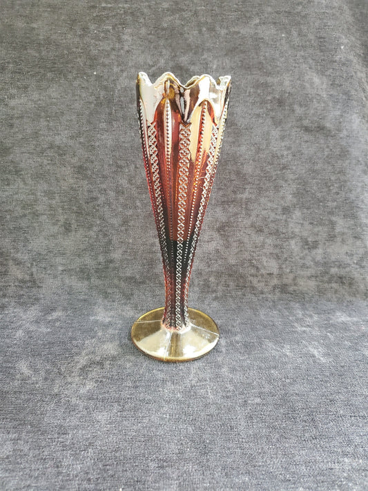 Amber Colored Pressed Glass Bud Vase in Zipper Pattern