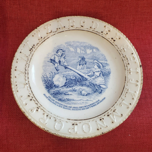 Child's Milkglass Plate, Transferware with ABC and Seesaw Margery Daw Rhyme 1850s