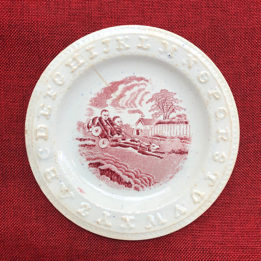 Child Dish ABC Ironstone, Red Transferware with Red Image of Boys at Play - Antique