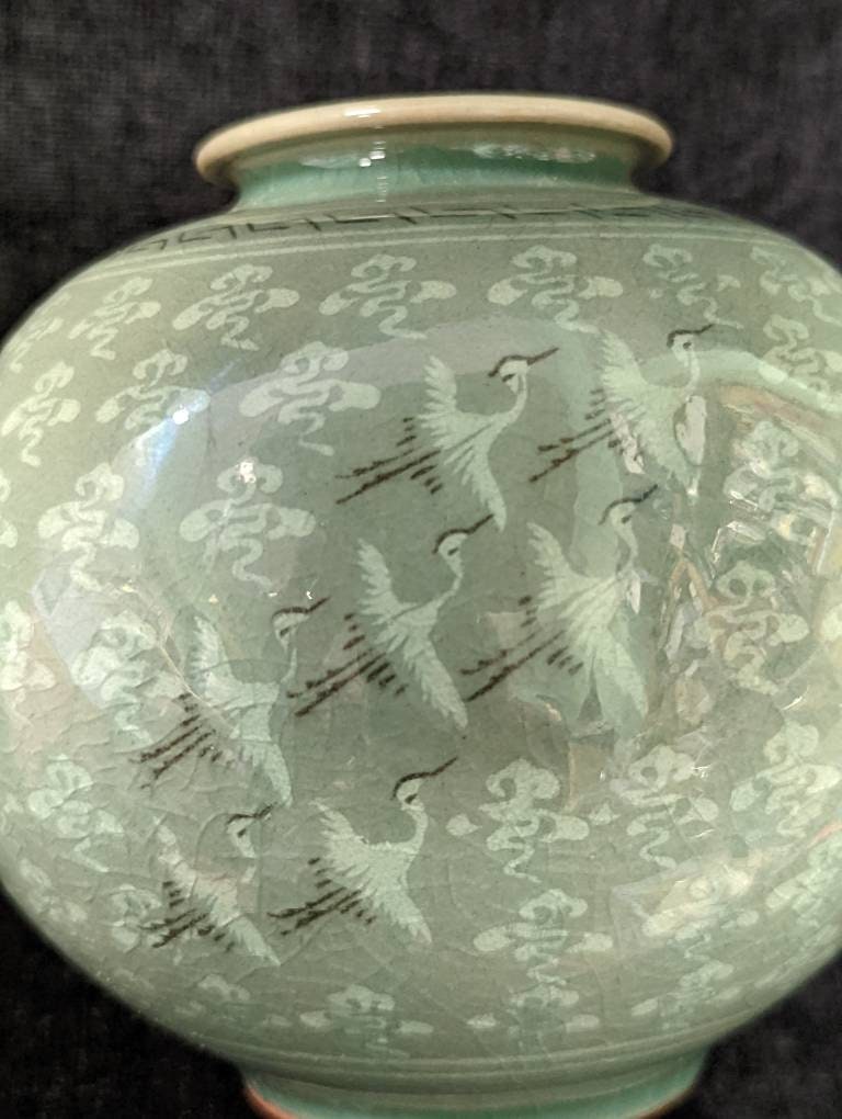 Handmade Celadon Korean Ceramic Moon Pot  With Inlaid Design Clouds With Cranes In Flight