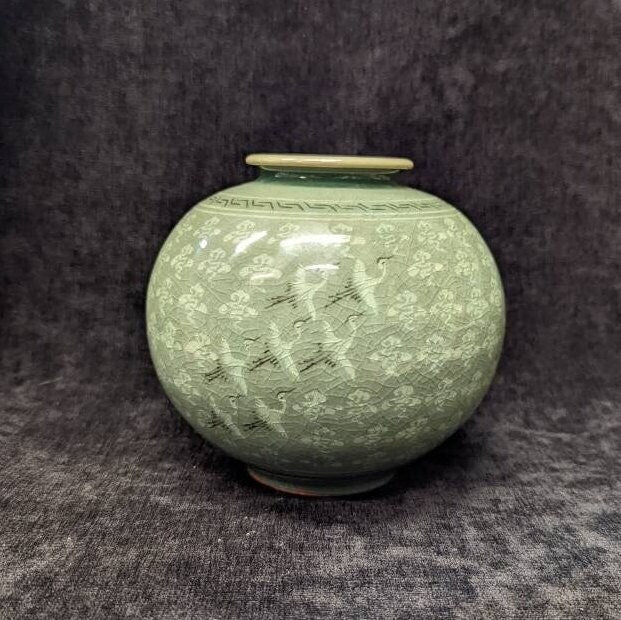 Handmade Celadon Korean Ceramic Moon Pot  With Inlaid Design Clouds With Cranes In Flight