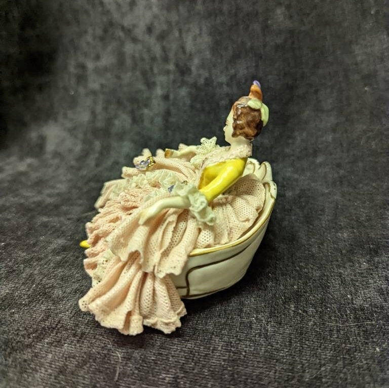 Dresden Porcelain Lace Figurine Sitting on Sofa