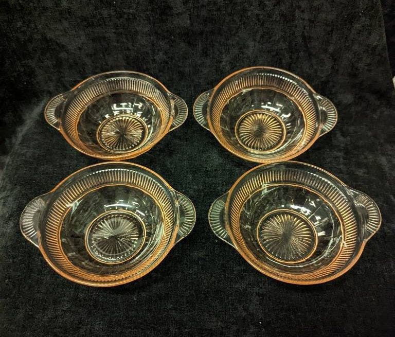 Set of 4, Pink Depression Glass- Panels and Ribs, Anchor Hocking Small Dessert or Fruit Bowls-  4.5" Diameter
