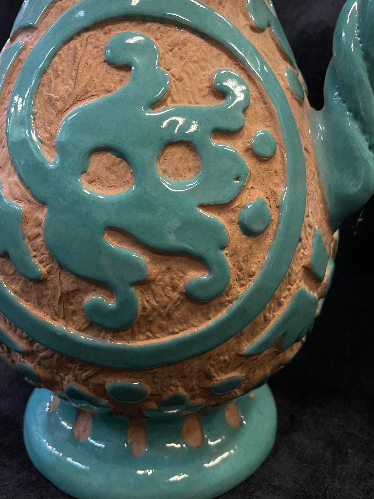 Large  Mid-Century Turquoise Sgraffito Style Pitcher with Twisted Handle - Peasant Valley - Italy