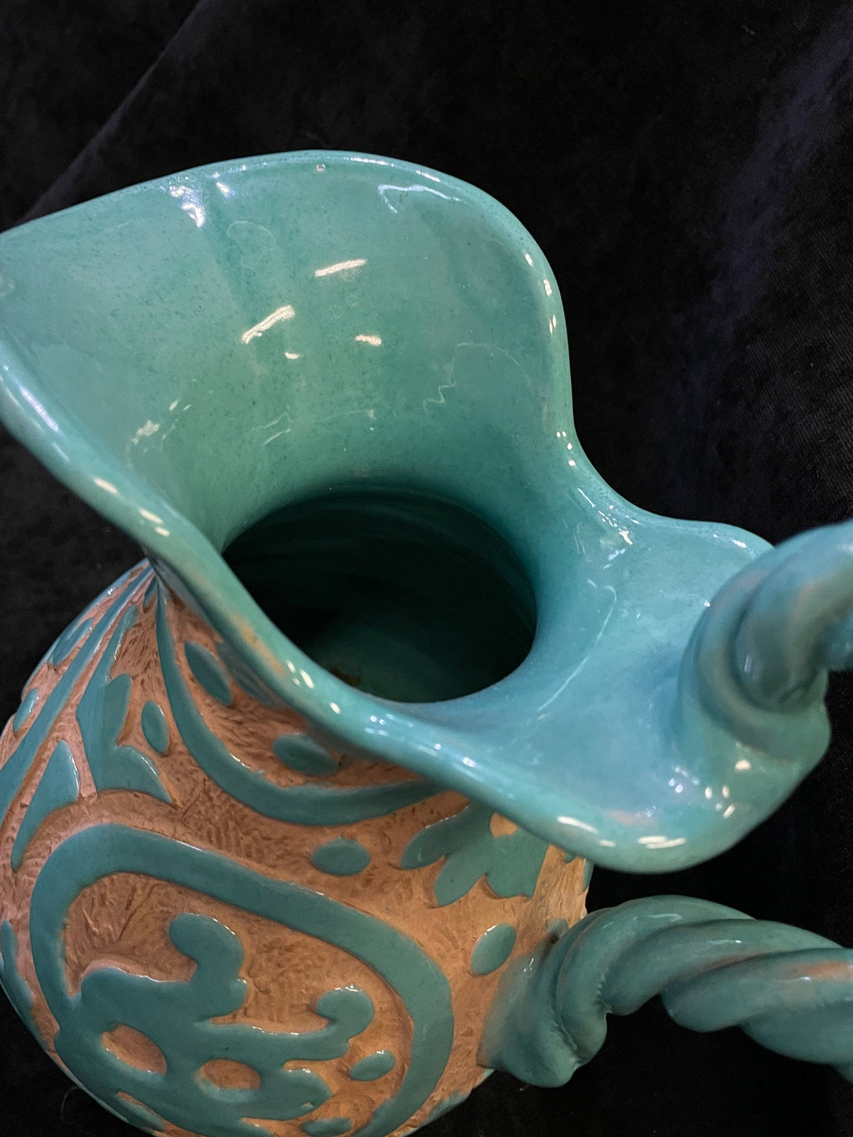 Large  Mid-Century Turquoise Sgraffito Style Pitcher with Twisted Handle - Peasant Valley - Italy