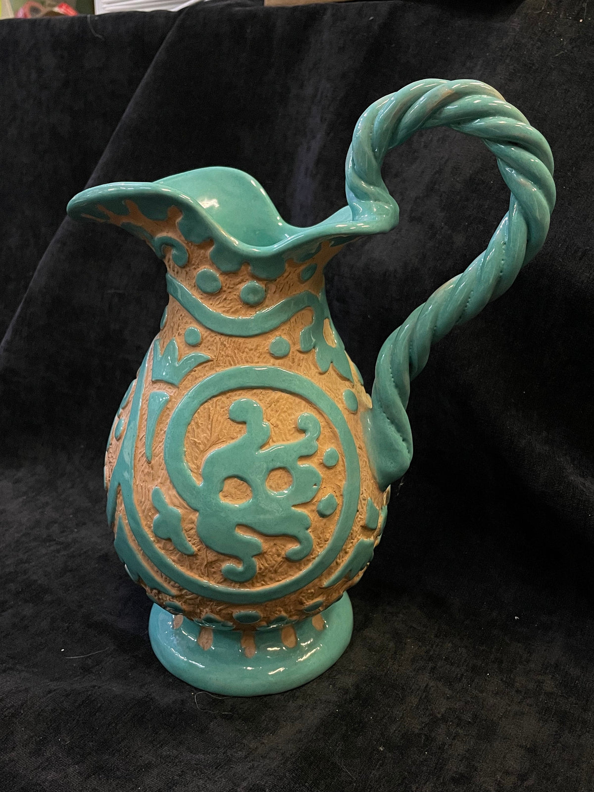 Large  Mid-Century Turquoise Sgraffito Style Pitcher with Twisted Handle - Peasant Valley - Italy