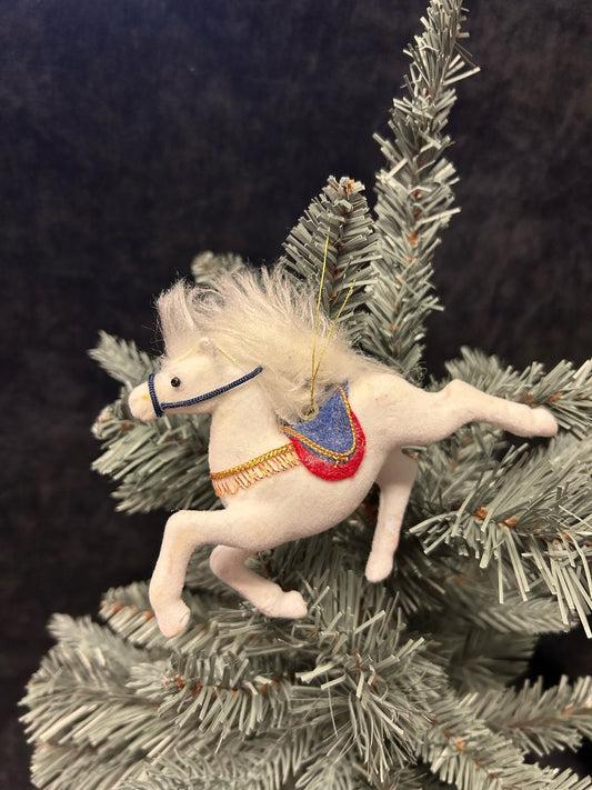 Flocked White Horse Christmas Ornament- vintage Holiday Decor