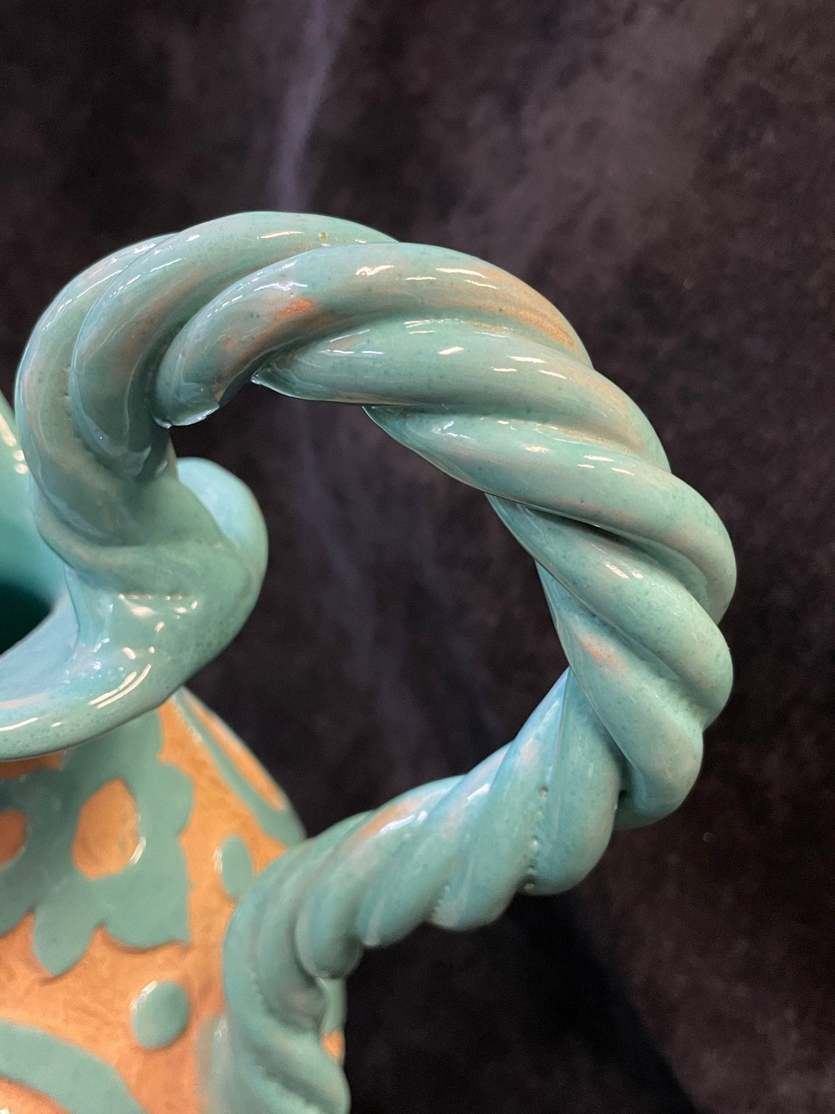 Large  Mid-Century Turquoise Sgraffito Style Pitcher with Twisted Handle - Peasant Valley - Italy