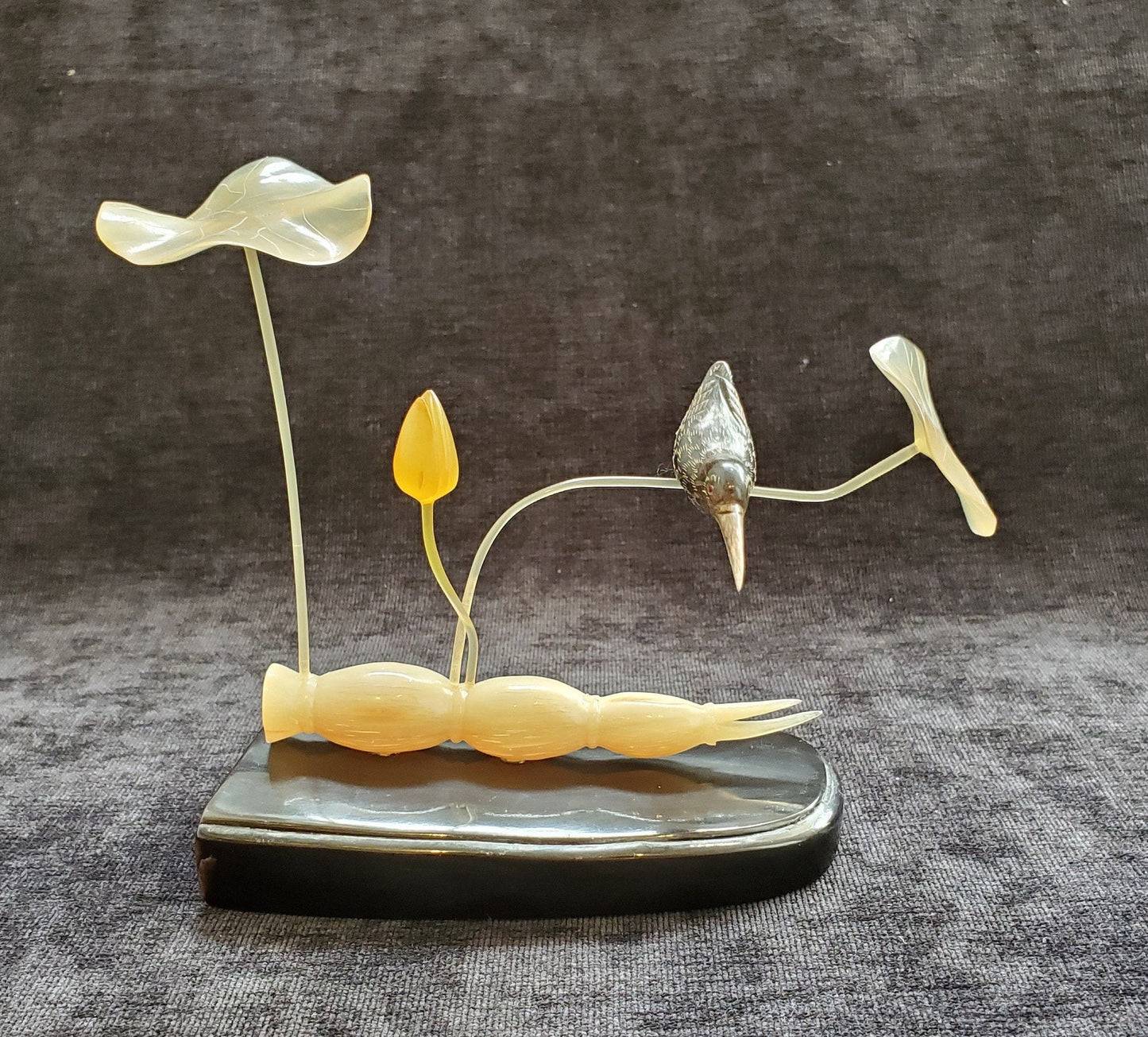 Carved Horn Chinese Bird and Lily Pad Sculpture Rare Peoples Republic of China Paper Label