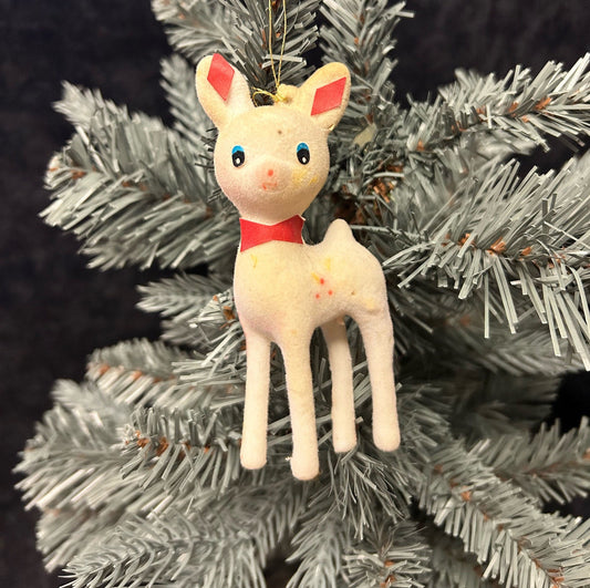 Flocked Christmas Snow Deer Ornament - Vintage Holiday Decor