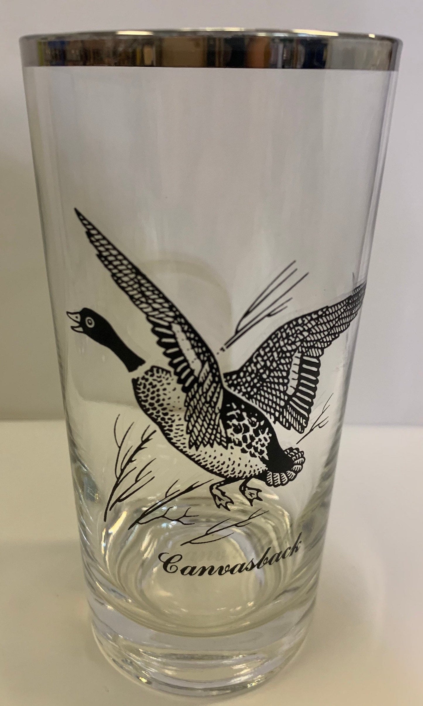 8 ounce Tumblers, Set of 4 North American Game Birds, Silver Rimmed,  2 Sets Available- Gift for the Hunter. Pheasant, Quail, Mallard, Goose