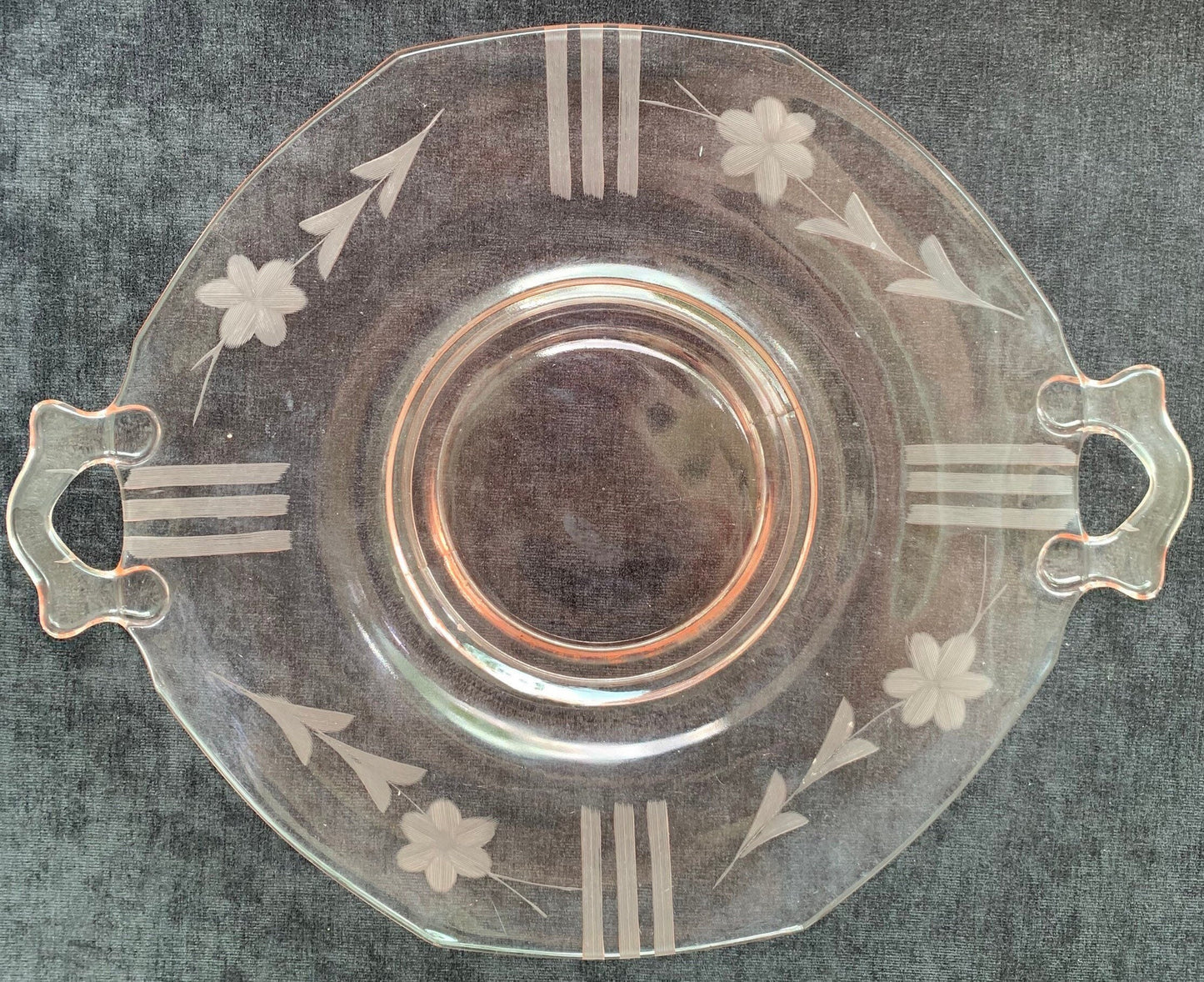 Pink Depression Glass Etched Floral and Lines Design Tray - Pink Depression Glass Cake Plate With Handles- Gorgeous Pink 13 Inch Tray