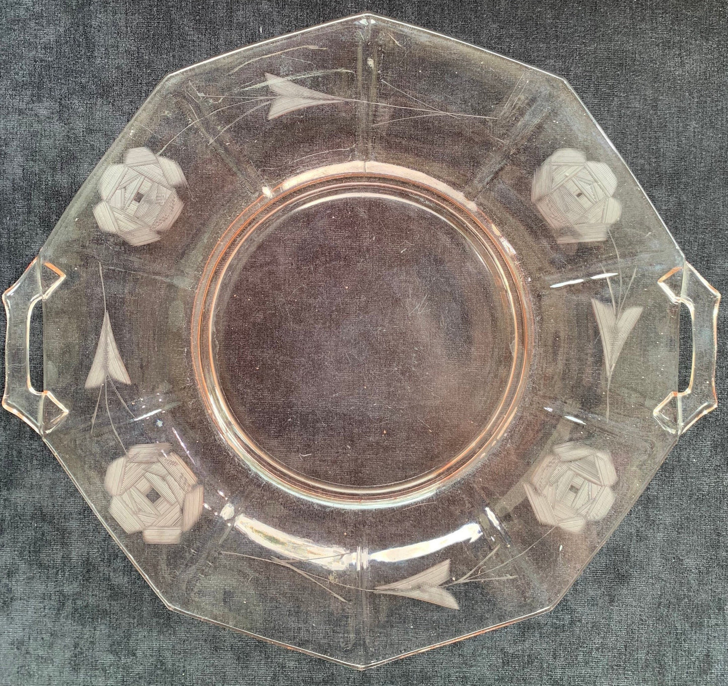 Pink Depression Glass Cake Tray - Deco Rose and Leaf Design in Pink Depression Glass, Pink Glass Tray Etched Glass with Handles