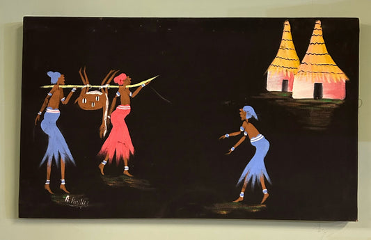 Hunting African Women - Folk Art- Original Painting on Soft Canvas