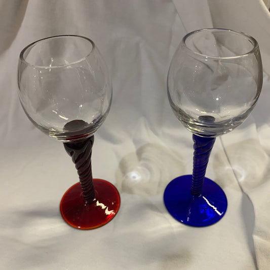 Hand Blown Italian Glass Cordials - Set of 2 Red and Blue Bases - Vintage 1970s