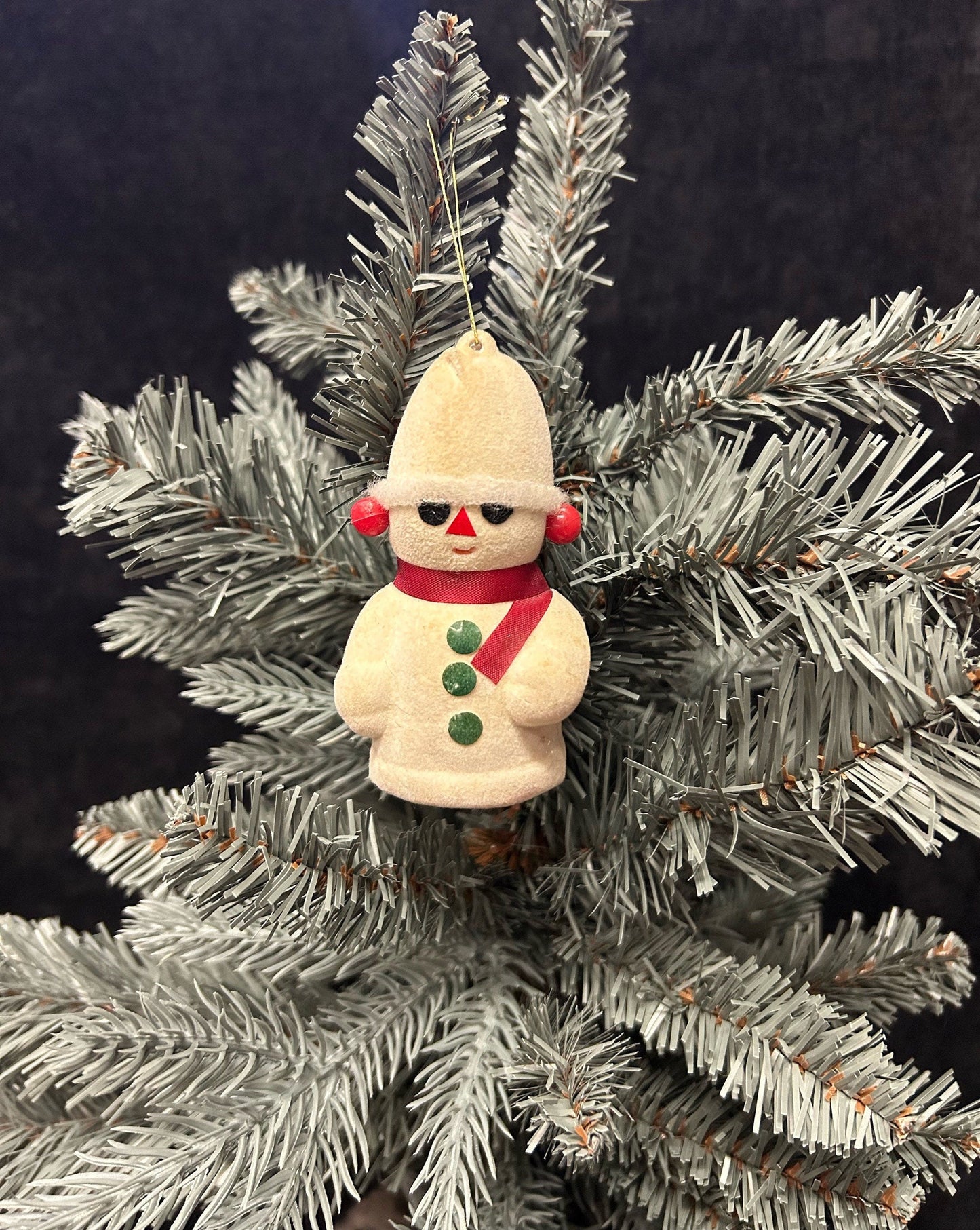 Flocked Snowman Christmas Ornament- Mid century Holiday Decor