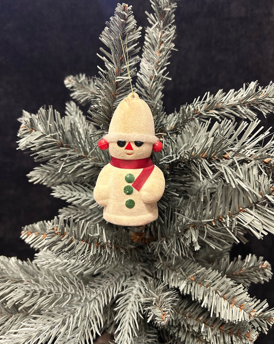 Flocked Snowman Christmas Ornament- Mid century Holiday Decor