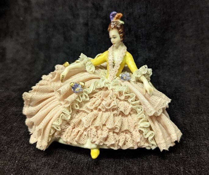 Dresden Porcelain Lace Figurine Sitting on Sofa
