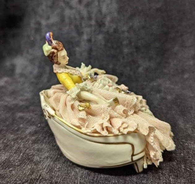 Dresden Porcelain Lace Figurine Sitting on Sofa