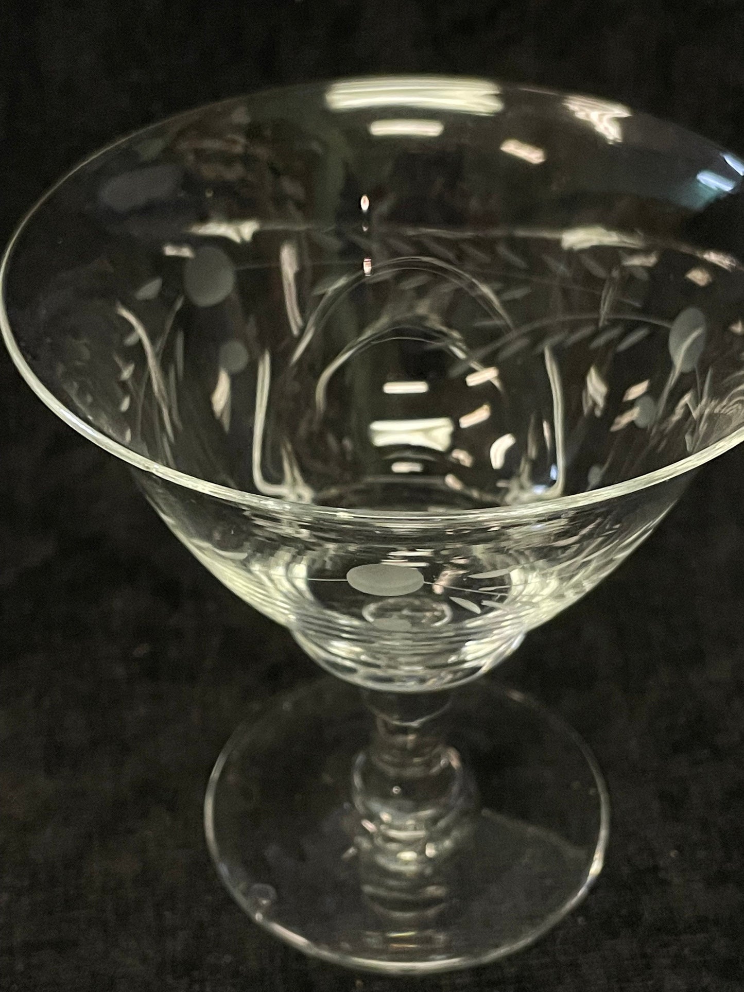 Mid Century Crystal Etched Champagne or Sherbet Glasses -  Engraved Design - Set of Two