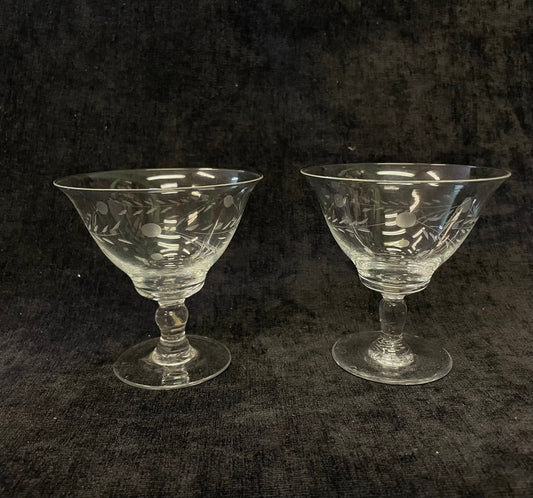 Mid Century Crystal Etched Champagne or Sherbet Glasses -  Engraved Design - Set of Two