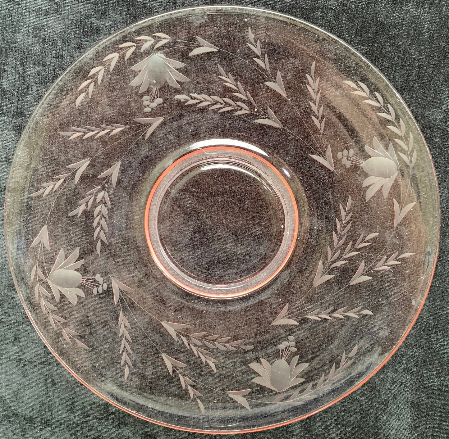 Pink Etched Depression Glass 11 Inch Tray - Floral Etched Pink Depression Glass Cake Tray
