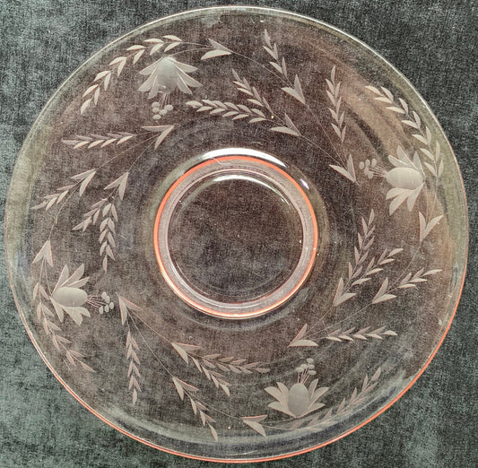Pink Etched Depression Glass 11 Inch Tray - Floral Etched Pink Depression Glass Cake Tray