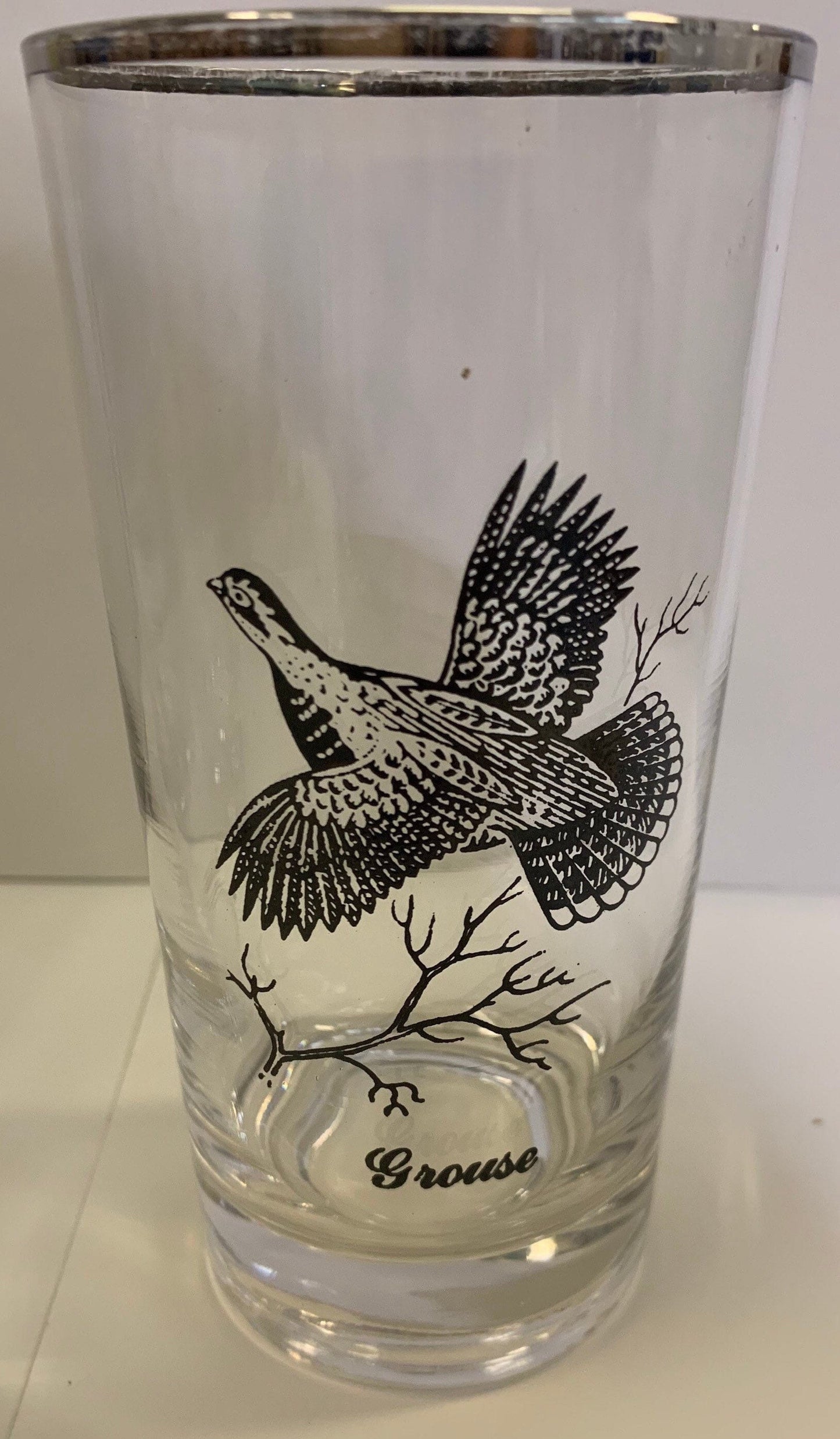 8 ounce Tumblers, Set of 4 North American Game Birds, Silver Rimmed,  2 Sets Available- Gift for the Hunter. Pheasant, Quail, Mallard, Goose