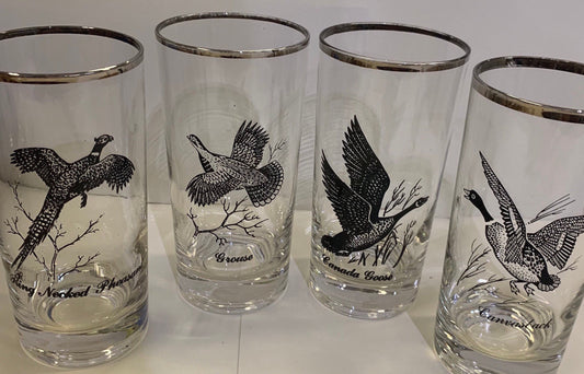 8 ounce Tumblers, Set of 4 North American Game Birds, Silver Rimmed,  2 Sets Available- Gift for the Hunter. Pheasant, Quail, Mallard, Goose