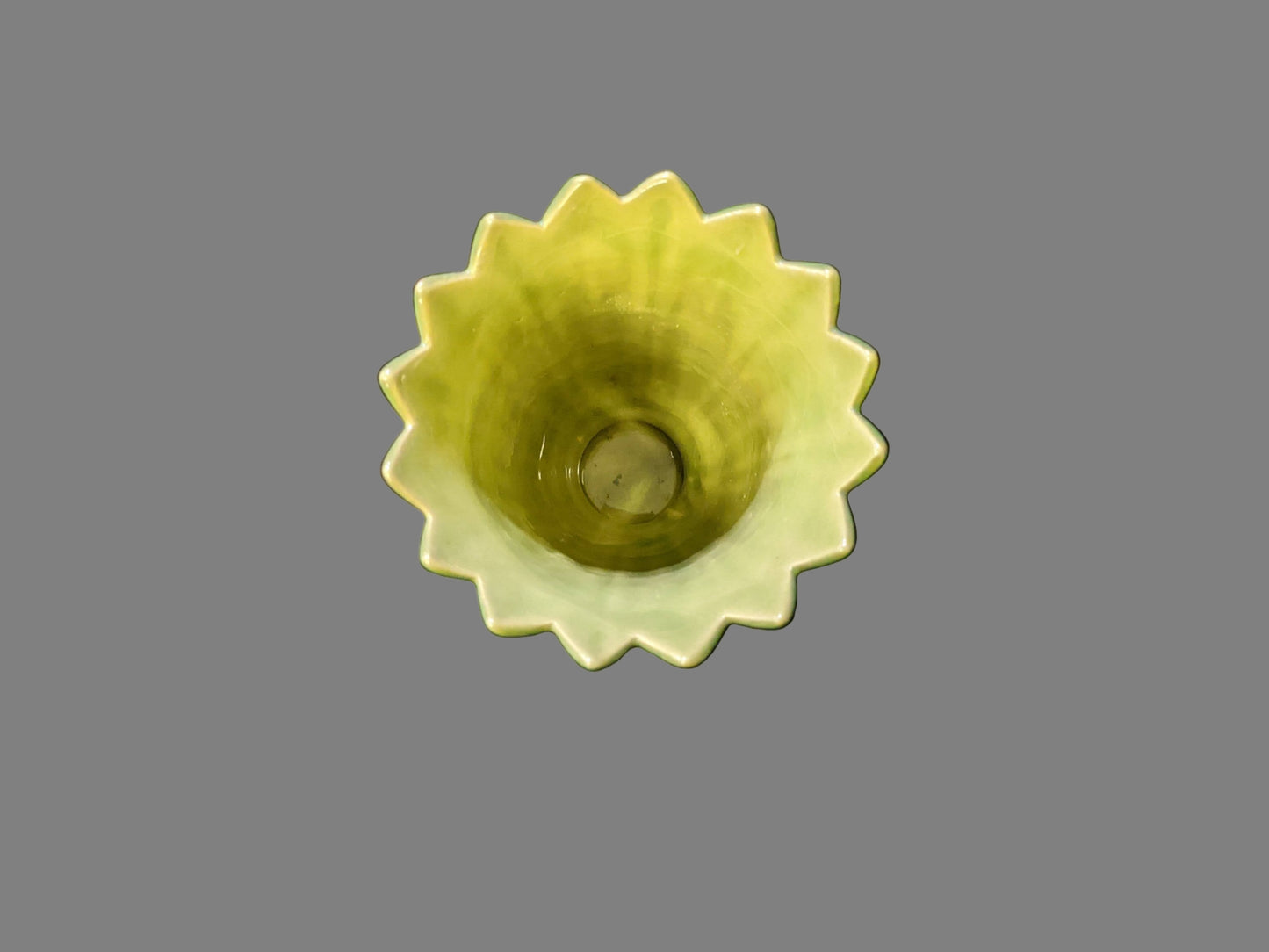 RARE Roseville Mayfair Saw tooth Green Vase with Yellow Interior- Vintage circa mide Century 1951