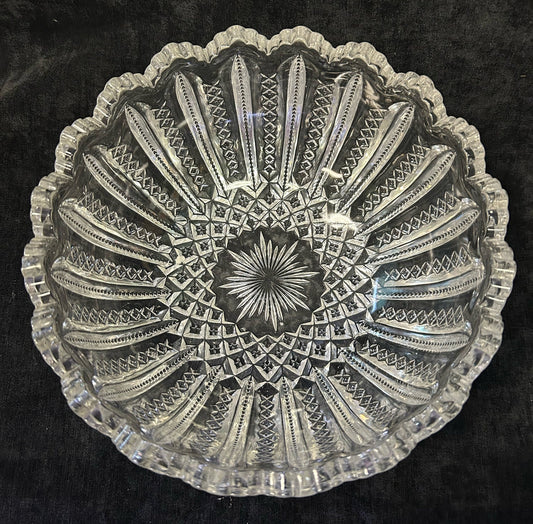 Crystal Glass Presentation Bowl- Large Molded Glass Zipper Pattern