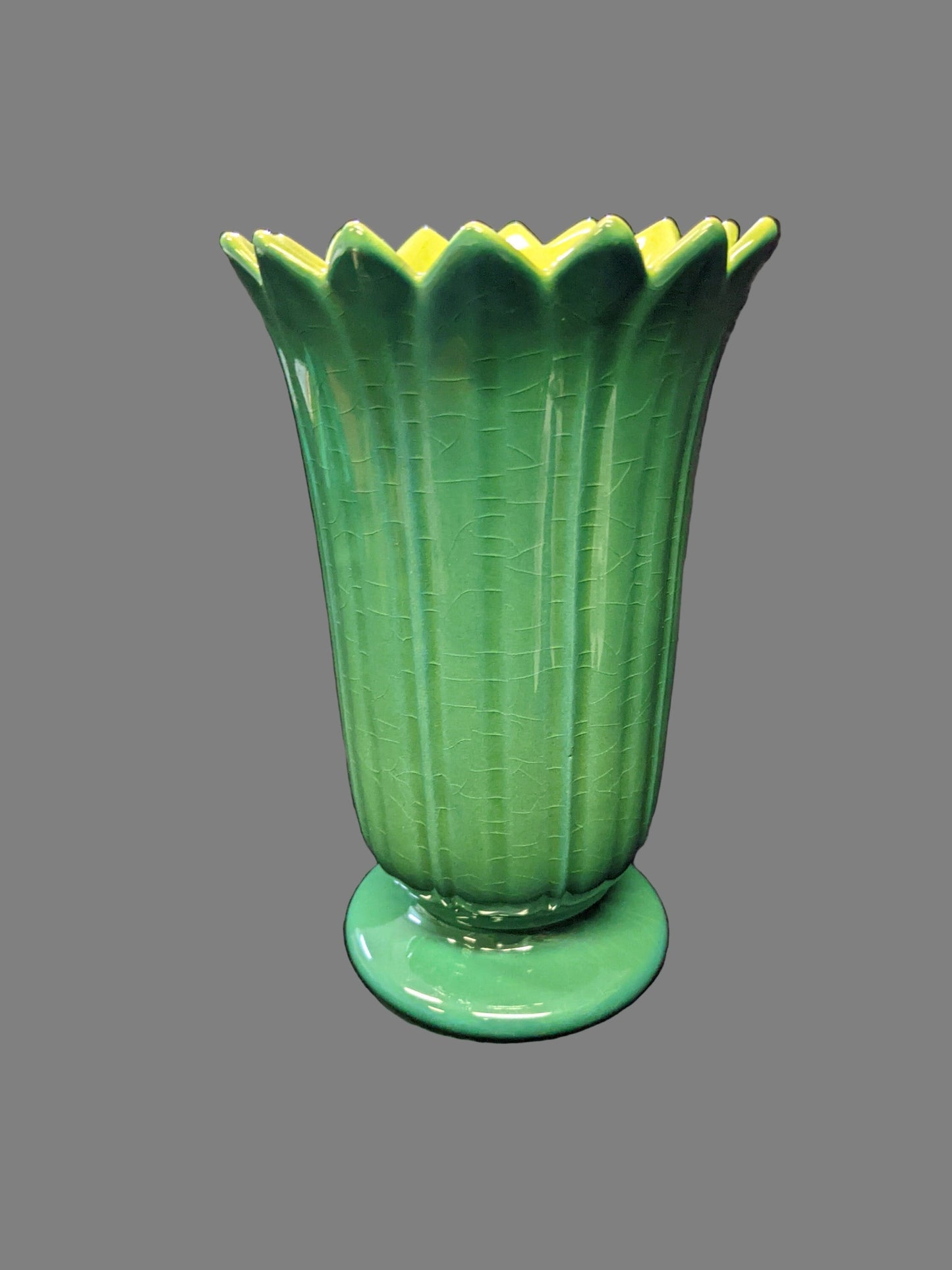 RARE Roseville Mayfair Saw tooth Green Vase with Yellow Interior- Vintage circa mide Century 1951