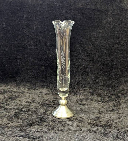 7.25" Tall Engraved Glass Vase with Pewter Base - Contemporary Swedish Design