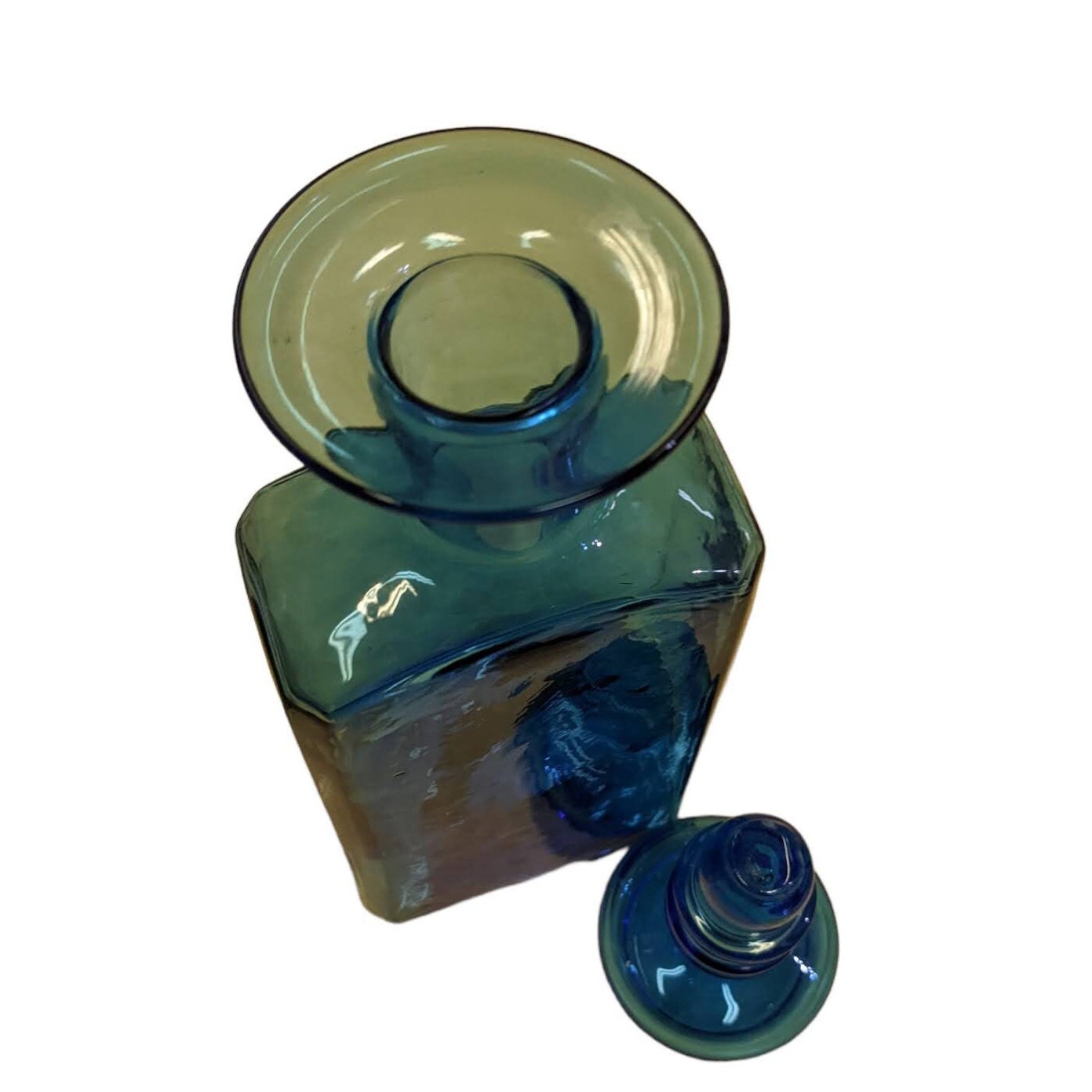 Hand-blown Blue Glass Decanter with Stopper - Beautiful Blue Decanter with matching bulb top Stopper - gorgeous MCM Blue Glass