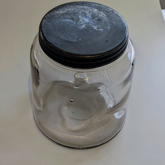 Lidded Screw Top Glass Jar - mouth blown early 1900