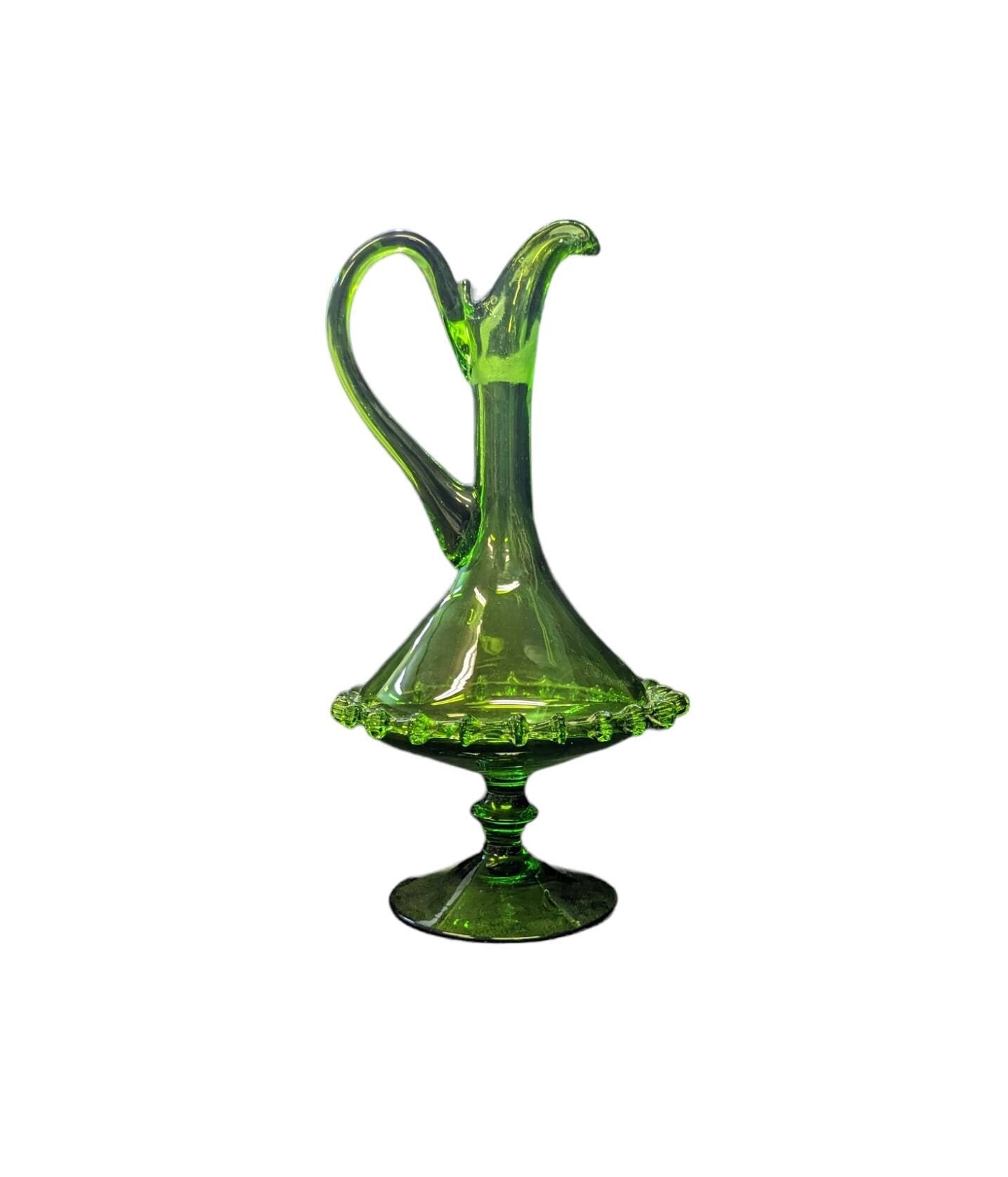Handblown Green Glass Pitcher and 6 Goblets - Made in Czechoslovakia - BoHo Style - Bohemian Glass