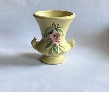 McCoy Blossom Time Yellow Pottery Vase - Raised Pink Flower Decoration - Vintage 1940s Pottery