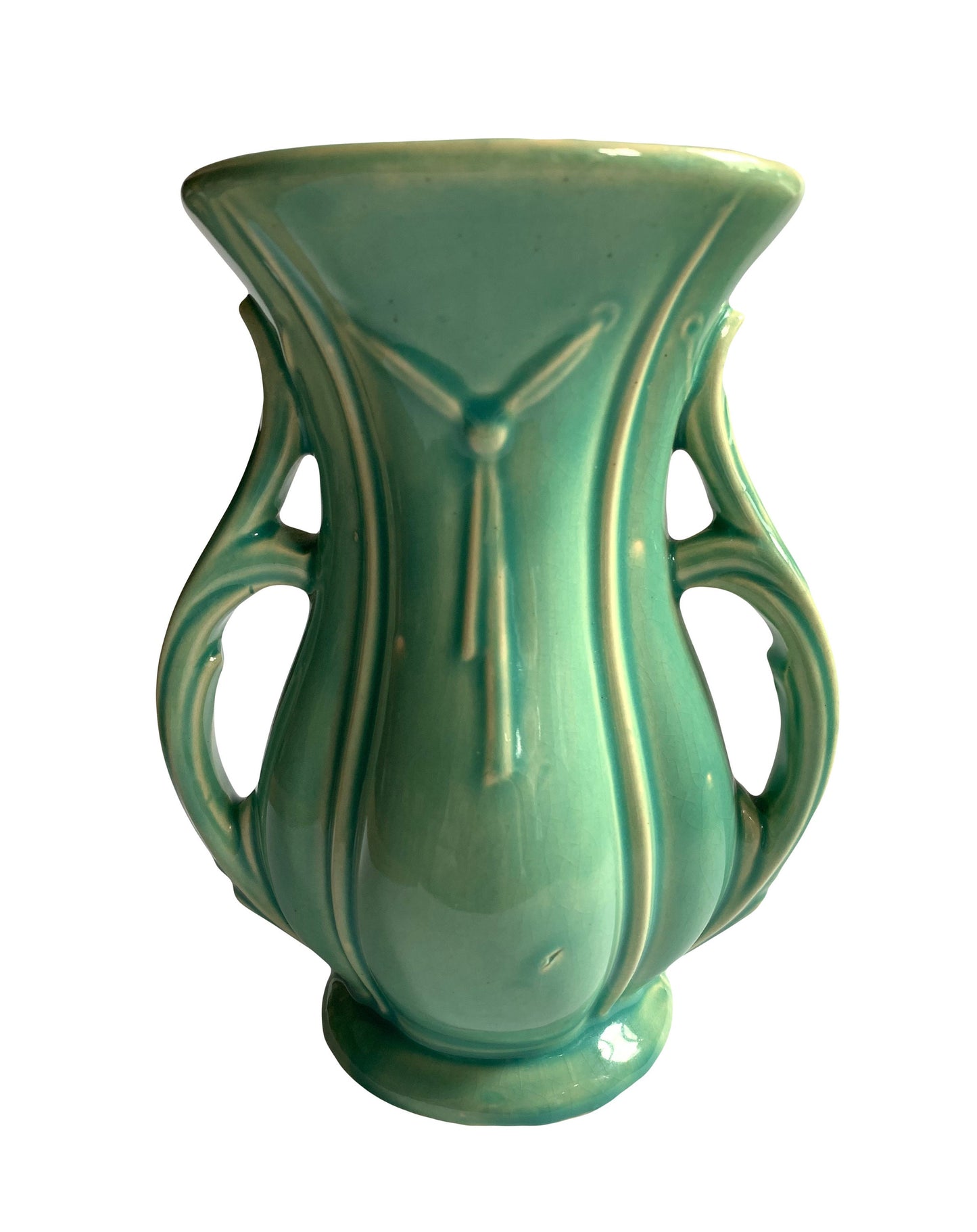 McCoy Large Vase With Knotted Tassel Design and Lovely Handles - Gloss Aqua Glaze McCoy - McCoy Bow Tie Vasert Deco