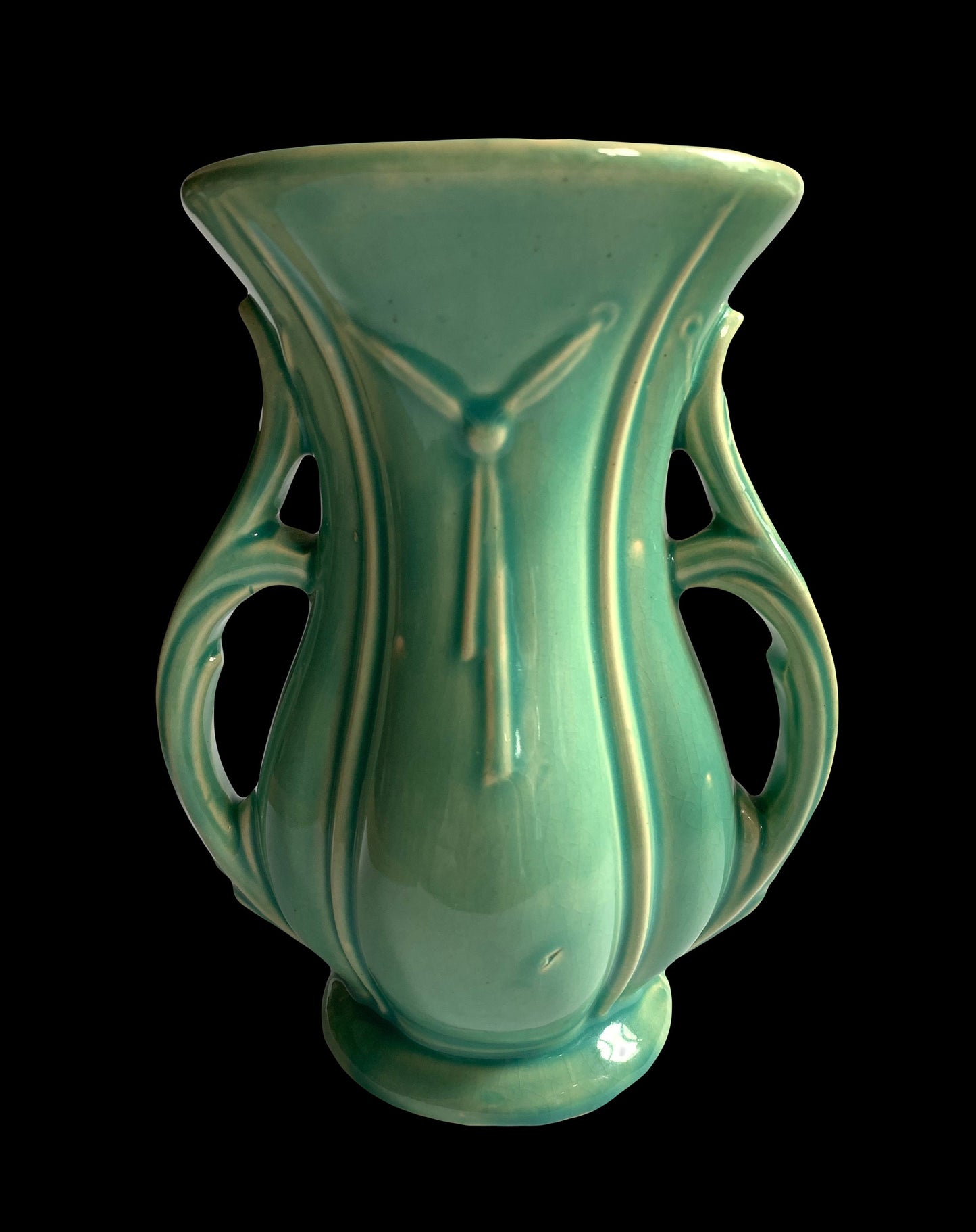 McCoy Large Vase With Knotted Tassel Design and Lovely Handles - Gloss Aqua Glaze McCoy - McCoy Bow Tie Vasert Deco