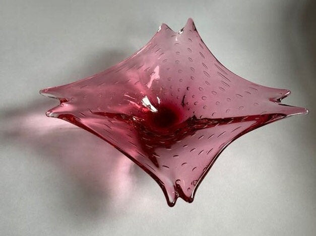 Murano Glass Mid Century Bowl - Hand Blown Pink Glass Dish With Controlled Bubbles - Vintage Italian Glass