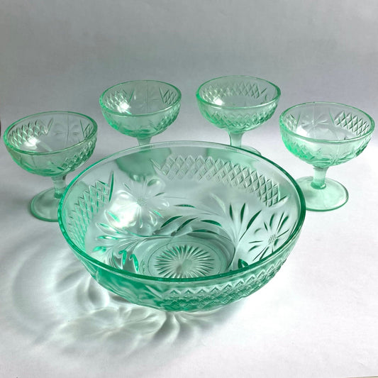 Hazel Atlas Uranium Glass Sherbet Set - Hazel Atlas Green Depression Vaseline Glass Floral and Diamond Set