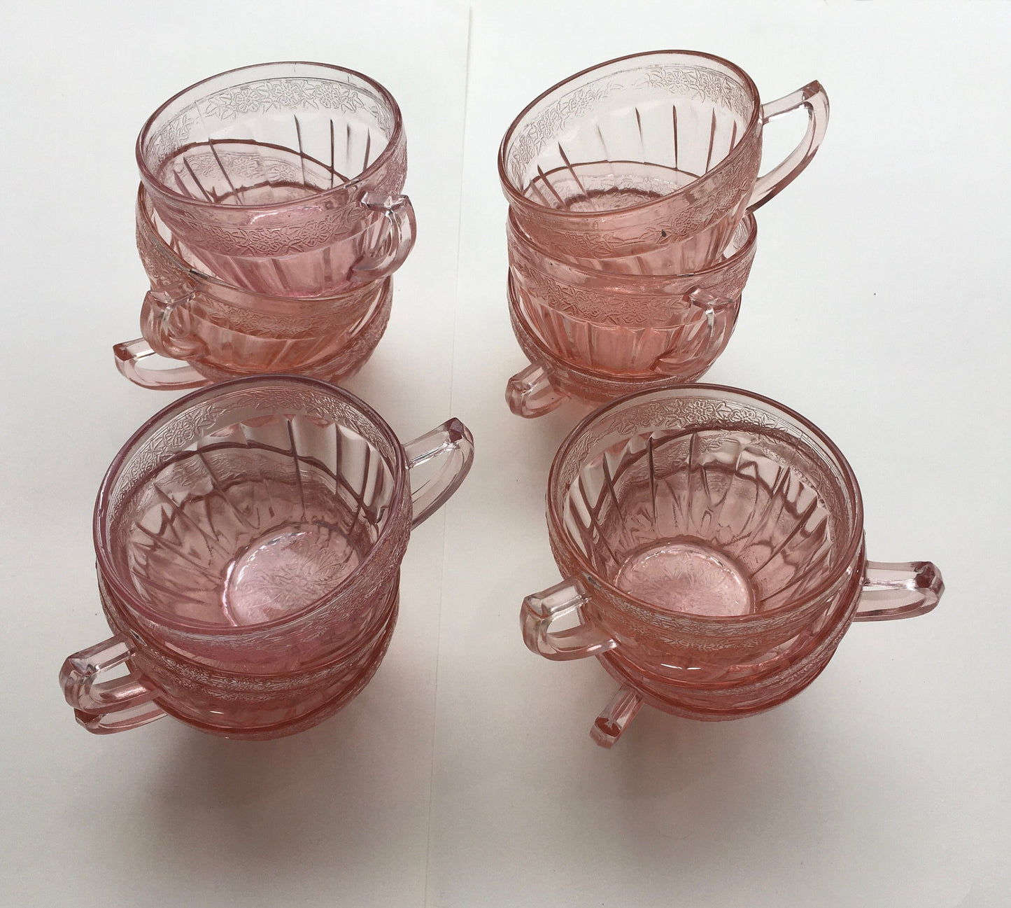 Pink Jeannette Depression Glass Adam Teacups and Saucers (12 available) Vintage 1930's