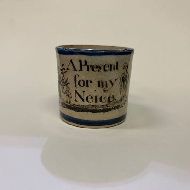 A Present For My Niece - Mini China Mug - Antique Children's Gift - Transfer ware from 1870s -Depicts 2 Adults and a Child