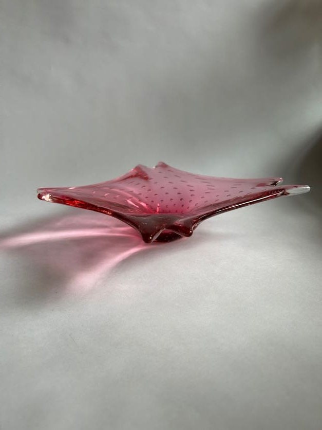 Murano Glass Mid Century Bowl - Hand Blown Pink Glass Dish With Controlled Bubbles - Vintage Italian Glass