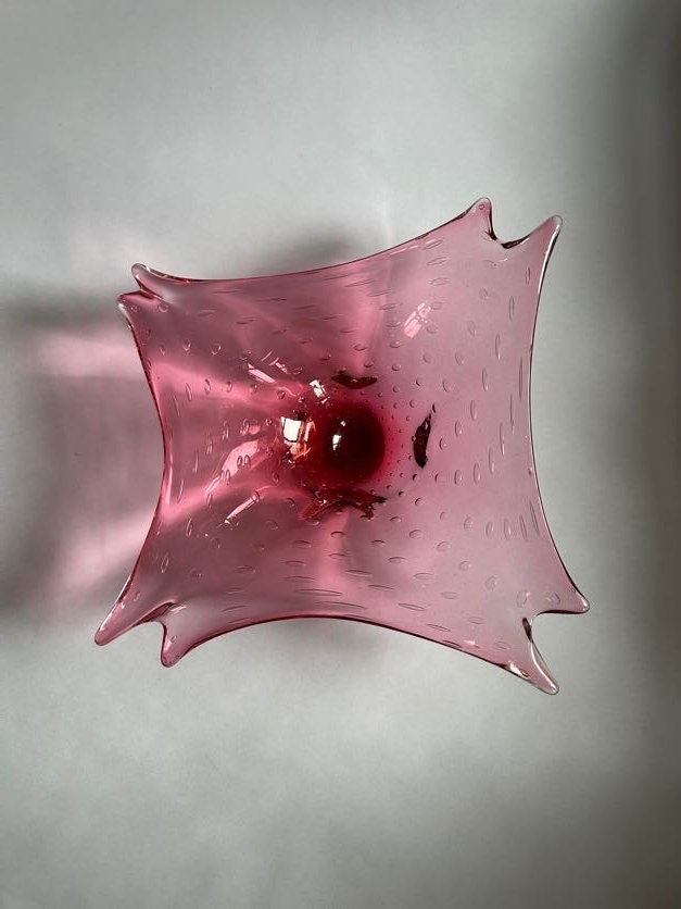 Murano Glass Mid Century Bowl - Hand Blown Pink Glass Dish With Controlled Bubbles - Vintage Italian Glass