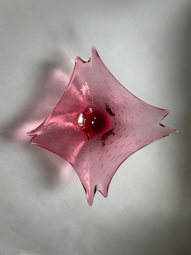 Murano Glass Mid Century Bowl - Hand Blown Pink Glass Dish With Controlled Bubbles - Vintage Italian Glass
