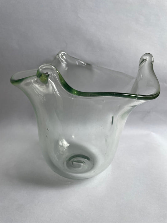 Blown Glass Bowl - Green Tinted Hand Blown Bowl - Hand made Ruffled Edge Decorative Bowl
