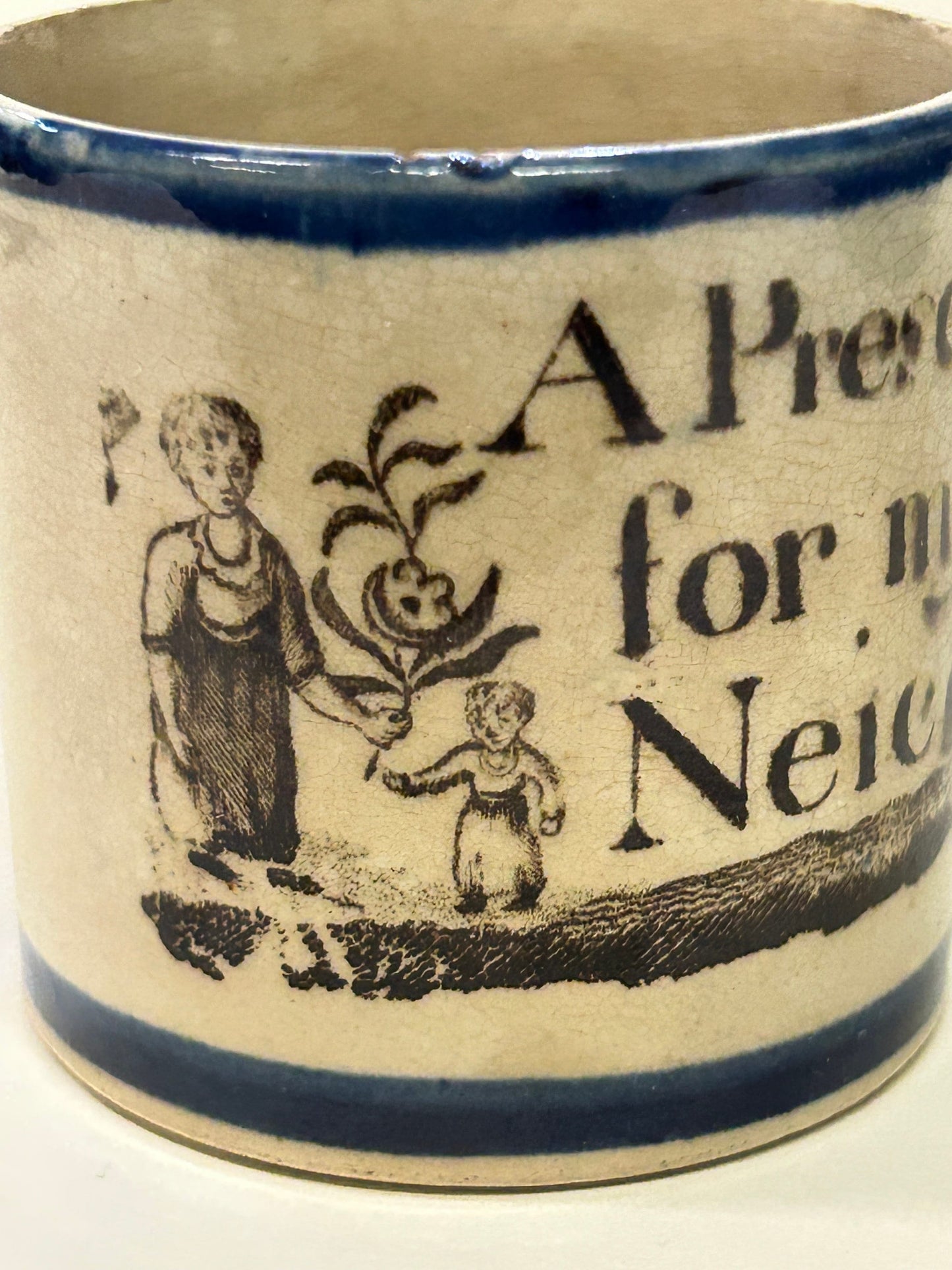 A Present For My Niece - Mini China Mug - Antique Children's Gift - Transfer ware from 1870s -Depicts 2 Adults and a Child