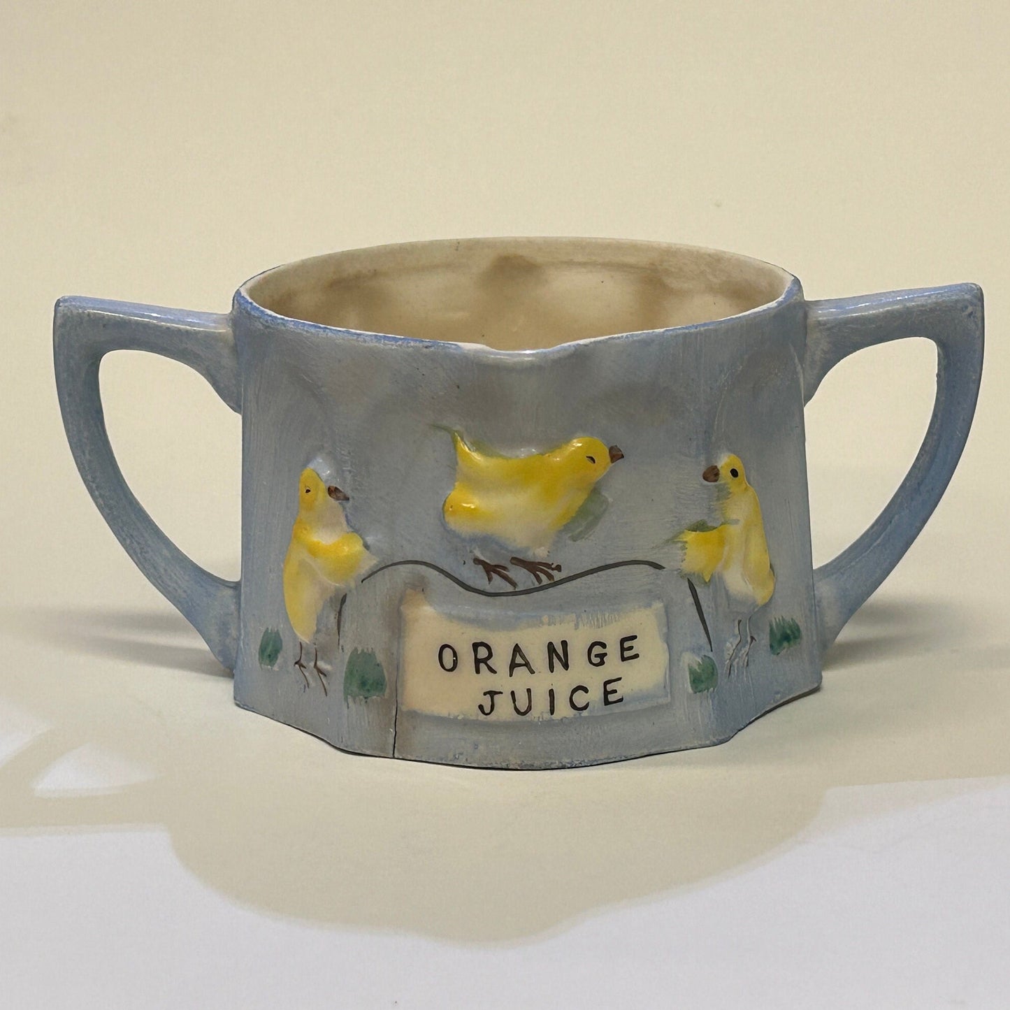Hand Painted Orange Juice Cup - Antique Child's Cup - 1920s two Handled cup - Yellow Ducks - Early Tippy Cup